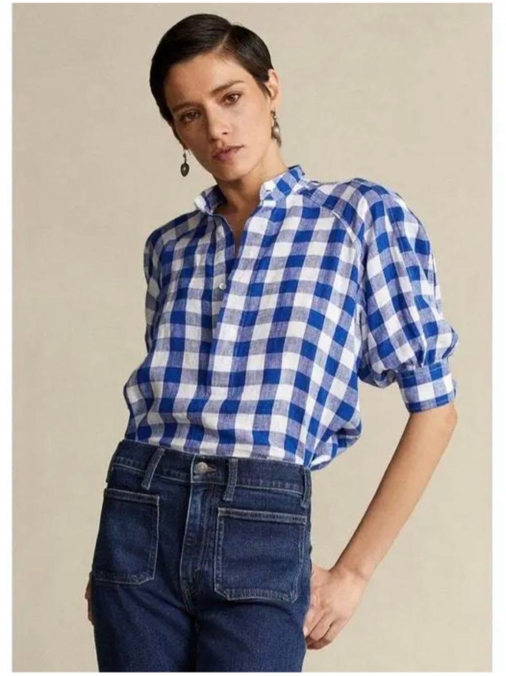 Polo Ralph Lauren Blue and White Gingham 100% Linen Blouse, Size 0 XS
